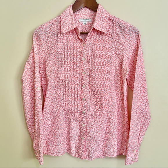 Banana Republic| 100% Cotton Pink/White Roll Tab Sleeve Leaf Print Pin-tuck Sz S - Picture 2 of 5